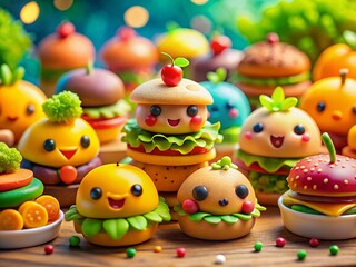 Obraz premium Adorable Mini Food Faces Coloring Page: Tilt-Shift Cute Cartoon Food Illustrations