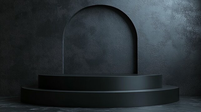 Dark, moody studio shot of a two-tiered black cylindrical podium against a textured dark grey wall with an arched recess.