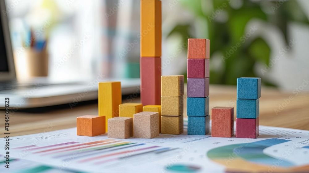 Poster a business desk filled with financial reports, bar graphs, and stacked toy blocks representing data 