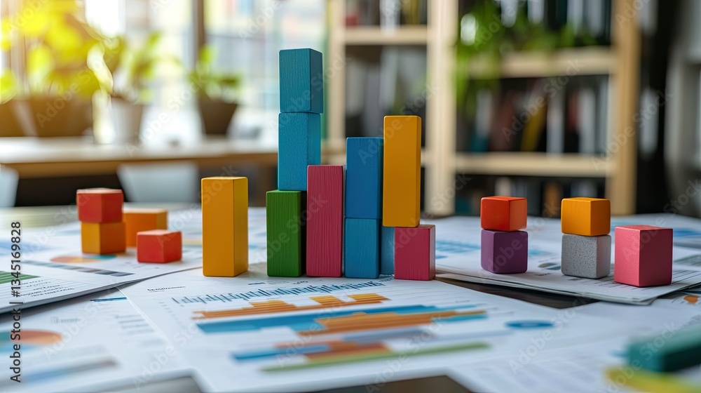 Poster a business desk filled with financial reports, bar graphs, and stacked toy blocks representing data 