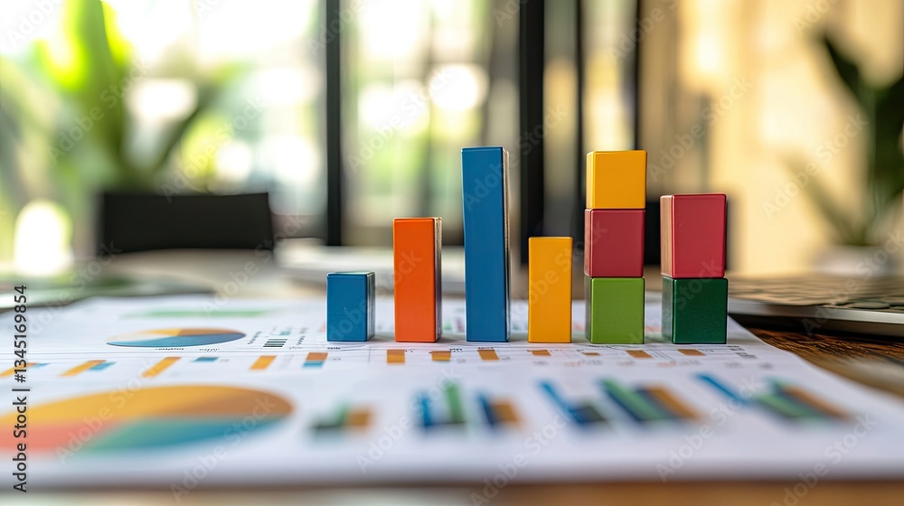Poster a business desk filled with financial reports, bar graphs, and stacked toy blocks representing data 