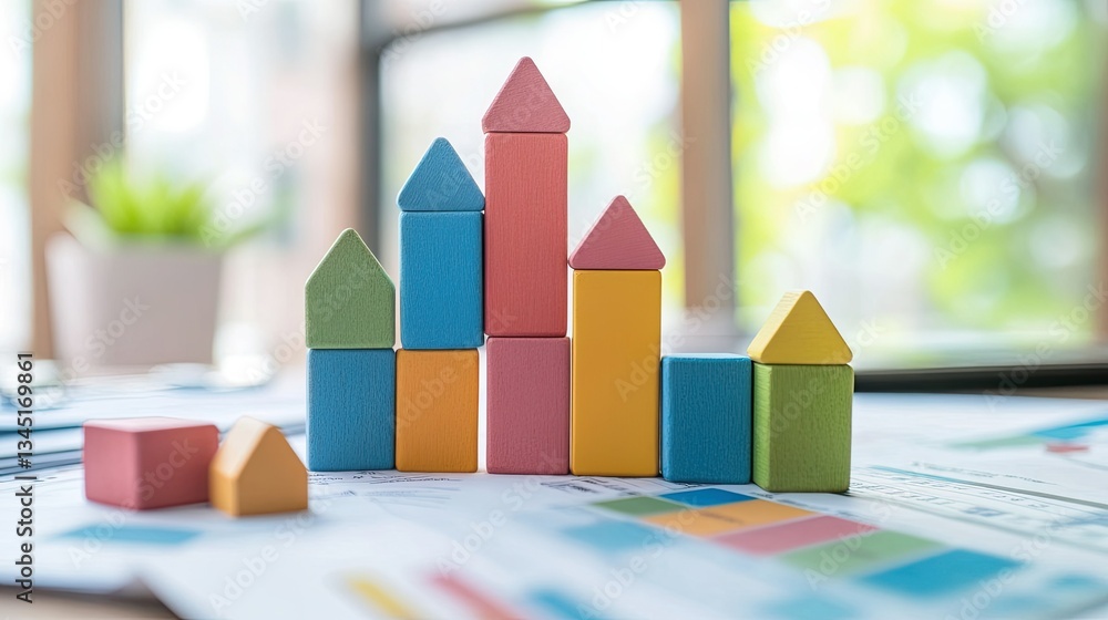 Poster a business desk filled with financial reports, bar graphs, and stacked toy blocks representing data 