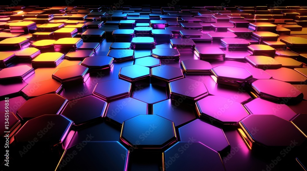Poster colorful hexagon pattern abstract 3d rendering for digital design, modern tech background, geometric