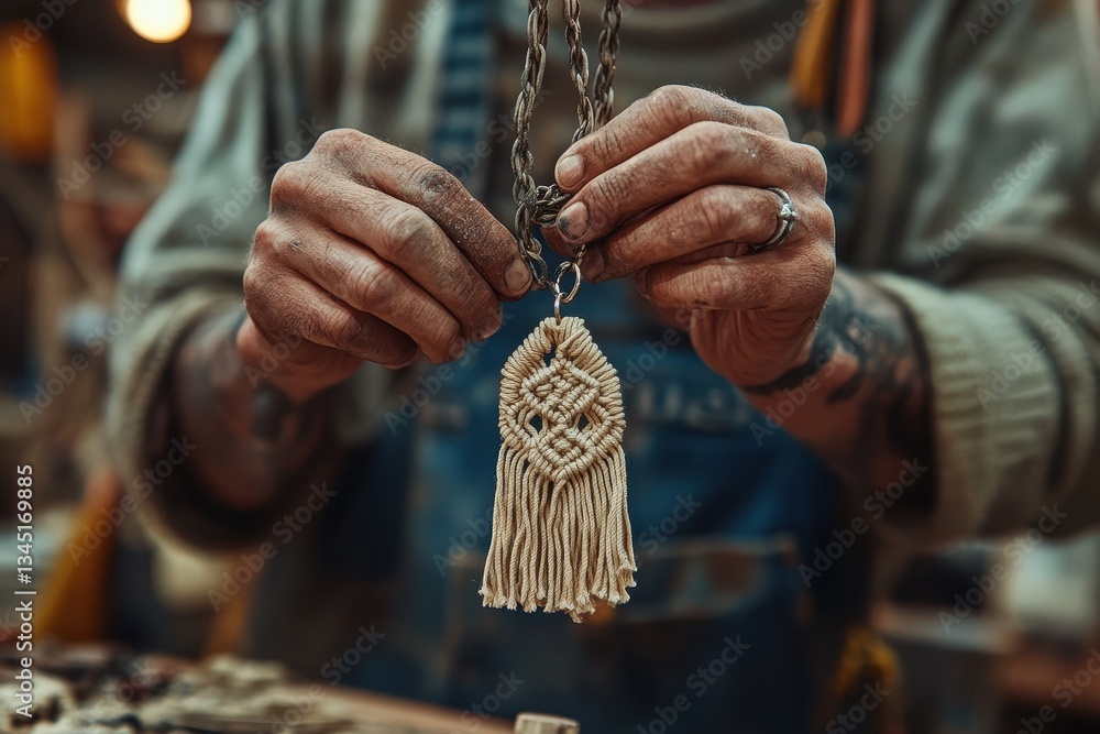 Aufkleber Artisan creates handmade macrame keychain in workshop during afternoon light, showcasing intricate knotting techniques and craftsmanship