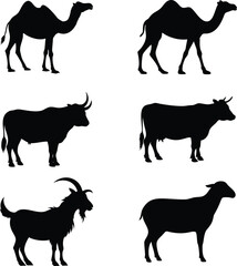 Set of Eid ul Adha animal silhouettes including camels, cows, goats, and sheep