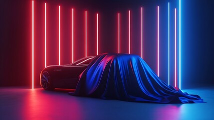 rendering of a car in a studio with neon lights.