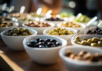 Assorted Bowls of Fresh Olives Displayed at a Gourmet Food Event with Natural Light Enhancing Their Appeal and Texture in a Stylish Setting