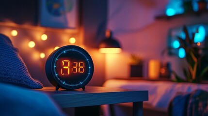 Digital alarm clock showing 738 AM on a bedside table in a dimly lit bedroom.