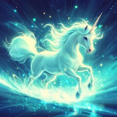 Naklejka premium A majestic white unicorn gallops through a shimmering ethereal landscape