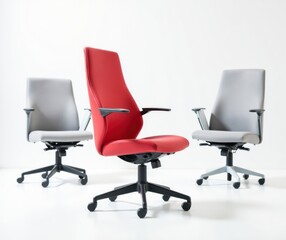 Red Office Chair Among Gray - Leadership and Choice. Ideal for HR recruitment materials, leadership marketing presentations, business supply advertisements, corporate brochures