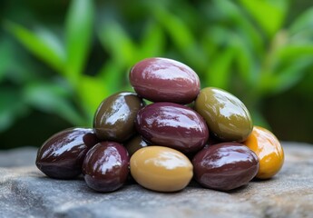Assorted Fresh Olives Piled on a Stone Surface Surrounded by Lush Greenery Capturing Natural Beauty and Culinary Appeal of Mediterranean Ingredients