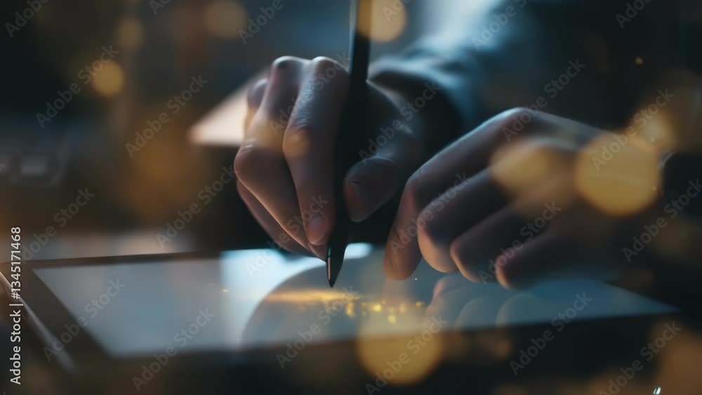 Poster close up of designer hands drawing with stylus on tablet screen with golden bokeh effect creating a 