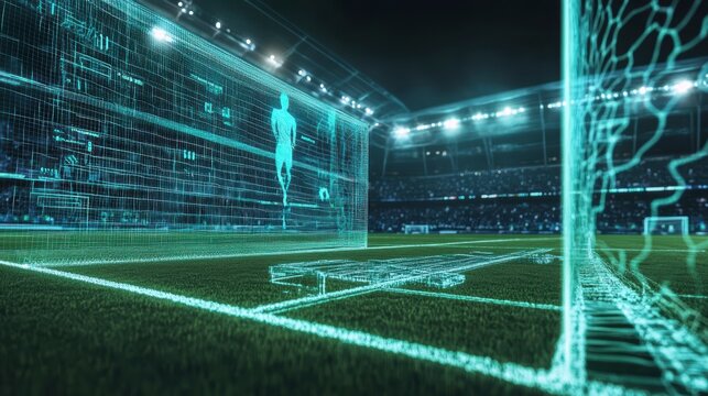 Futuristic soccer game analysis, stadium with digital player tracking