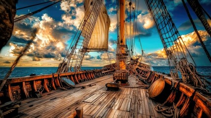 A cinematic view of a deserted pirate ship deck, detailed with rustic wooden planks, broken sails, and dramatic clouds overhead.
