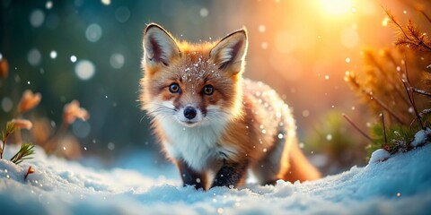 Fototapeta premium Adorable Red Fox Kit in Winter Wonderland, Tilt-Shift Miniature Effect