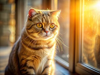 Adorable Scottish Fold Cat Sunbathing on Windowsill - Long Exposure Photography