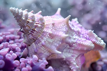 Pink Spiny Sea Snail Shell on Purple Coral - Macro Close-Up