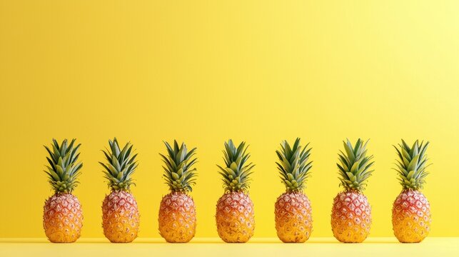 Vibrant row of fresh pineapples on a yellow background, tropical fruit still life.