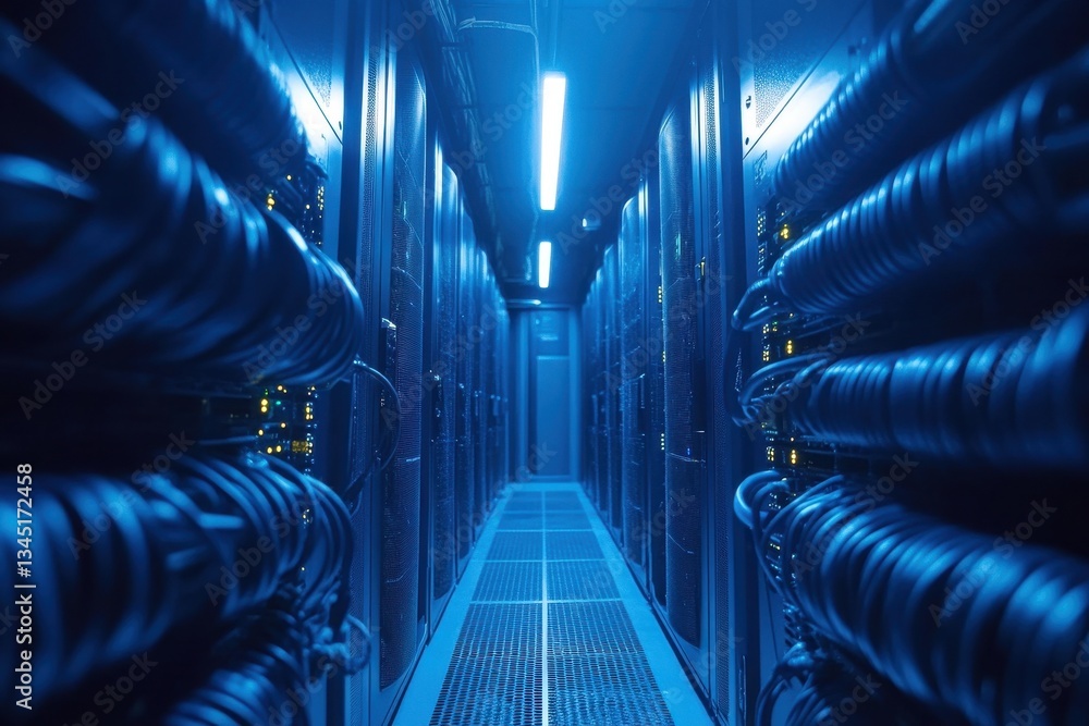 Poster exploring a modern data center with rows of servers and illuminated pathways in a high-tech environm