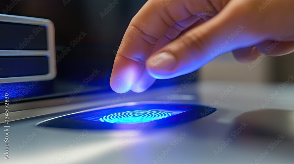 Poster a close-up of a hand reaching for a fingerprint scanner on a high-tech security system, symbolizing 