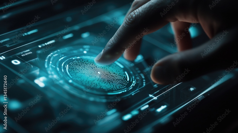 Poster a close-up of a hand reaching for a fingerprint scanner on a high-tech security system, symbolizing 
