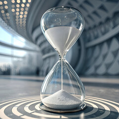 A modern, surreal, transparent glass hourglass, with a scientific and technical aesthetic. At the top of the hourglass, 