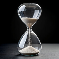 A modern, surreal, transparent glass hourglass, with a scientific and technical aesthetic. At the top of the hourglass, 