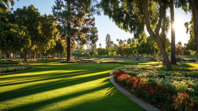 A vibrant green park with lush grass, well-maintained flower beds, and tall trees casting long shadows in the late afternoon sun 