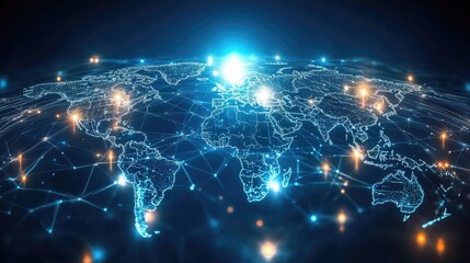 A vibrant digital world map showcasing interconnected networks of data and light across continents