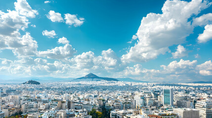 Obraz premium Aerial View of Metropolitan City Buildings Under a Bright Blue Sky with Fluffy White Clouds and Distant Mountain
