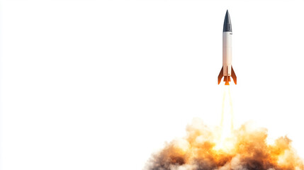 Rocket Launch With Fire And Smoke On White Background