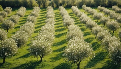 Fototapeta premium Beautiful Blossoming Orchard Under Bright Blue Sky with Green Grass and Rows of Trees Bathed in Golden Light in Early Spring Season