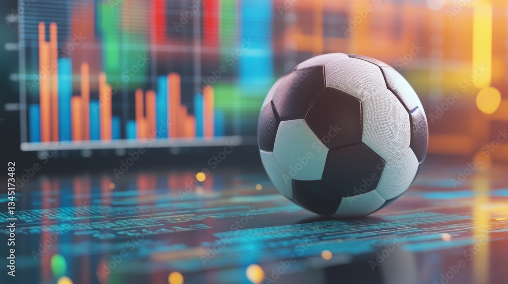 Poster soccer ball on digital screen with financial charts. possible stock photo use