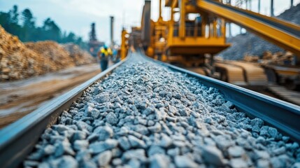 A close-up of gravel and crushed stone moving on a conveyor belt at a mining site, with industrial machinery and workers nearby