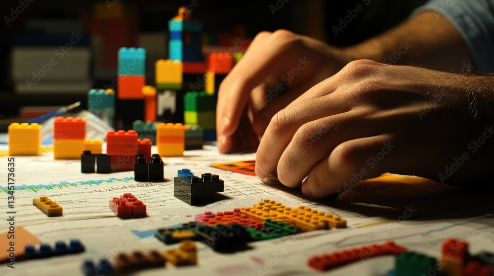 Poster a close-up of hands analyzing statistical data with printed charts, toy block steps, and financial p