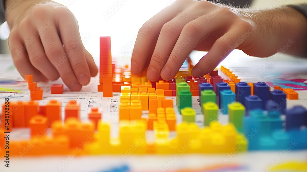 Poster a close-up of hands analyzing statistical data with printed charts, toy block steps, and financial p