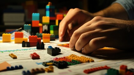 A close-up of hands analyzing statistical data with printed charts, toy block steps, and financial projections in the background