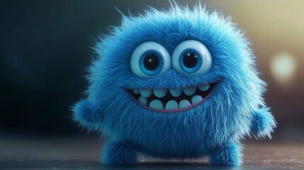 Fototapeta premium Adorable blue furry monster 3D cartoon character – a cheerful Halloween creature with a big smile, perfect for sublimation designs