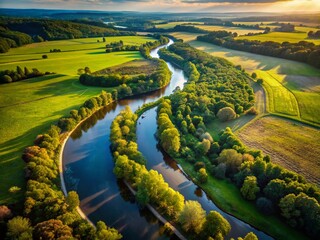 Naklejka premium Aerial Black and White River Drone Photography: Serene Nature Scene
