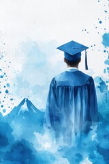A serene watercolor painting depicts a graduate in a blue cap and gown, standing before majestic mountains, symbolizing achievement and the bright future awaiting them after