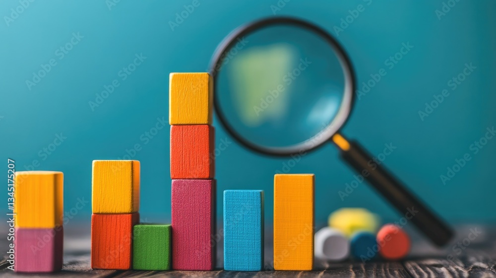 Poster a creative statistical data concept with a magnifying glass over graphs and toy blocks forming a ste