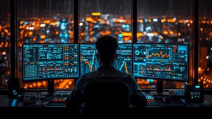 Financial Analyst at Work: A financial analyst focuses intently on data displayed across multiple computer monitors, with the glittering cityscape visible through the panoramic window behind him.