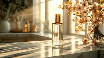 Elegant perfume bottle on marble surface, bathed in sunlight near flowers.