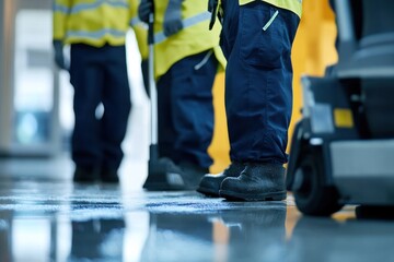 Fototapeta premium Workers in Safety Gear Standing in a Line Wearing Reflective Jackets and Protective Boots Ind
