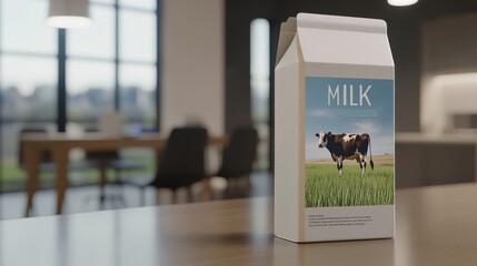 Obraz premium Milk carton standing on modern kitchen table promoting dairy month