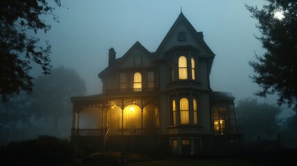 A Victorian house in the middle of town, on a foggy night with moonlight, photorealistic and cinematic in style