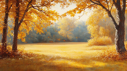 Autumn Meadow Filled with the Magic of Golden Leaves &ndash; A Bountiful Harvest Reflecting the Beauty of the Season