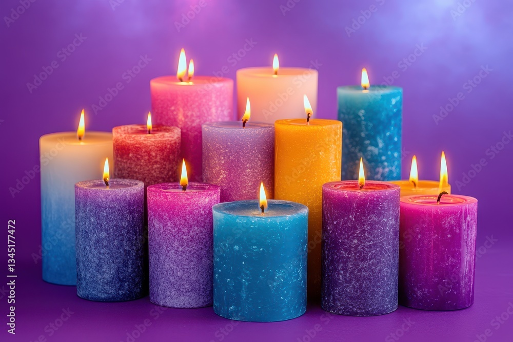 Aufkleber Colorful candles arranged in a display illuminating the space with warm light and vibrant hues in a serene setting