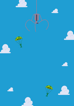 Blue background with clouds of different sizes and an illustration of a toy soldier parachuting, Toy Story