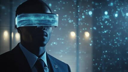 African american businessman wearing a suit and tie explores augmented reality using futuristic glasses, interacting with digital data visualized as glowing particles - Powered by Adobe